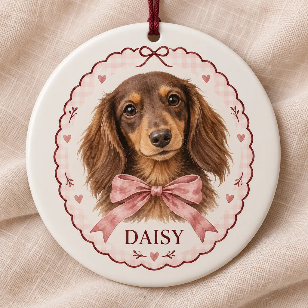 Bow & Blush Personalized Pet Ornament — illustrative product mockup