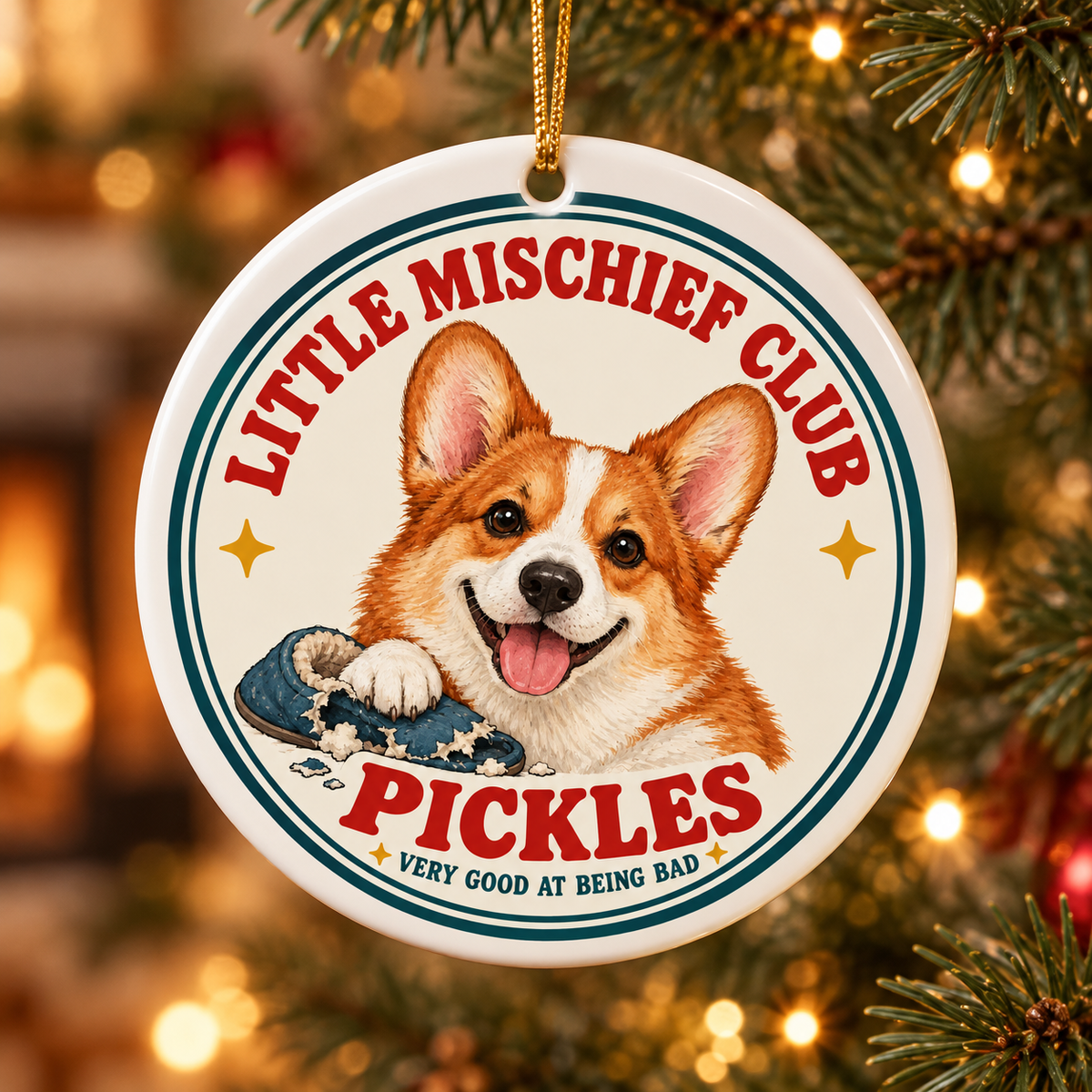 Little Mischief Club Personalized Pet Ornament — illustrative design mockup