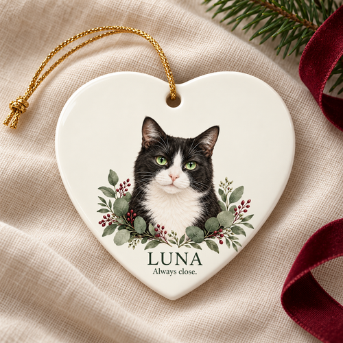 Always Close Personalized Heart Pet Ornament — illustrative detail mockup; example LUNA