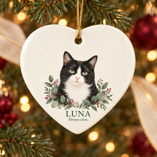 Always Close Personalized Heart Pet Ornament — AI-assisted illustrative tree mockup; example LUNA