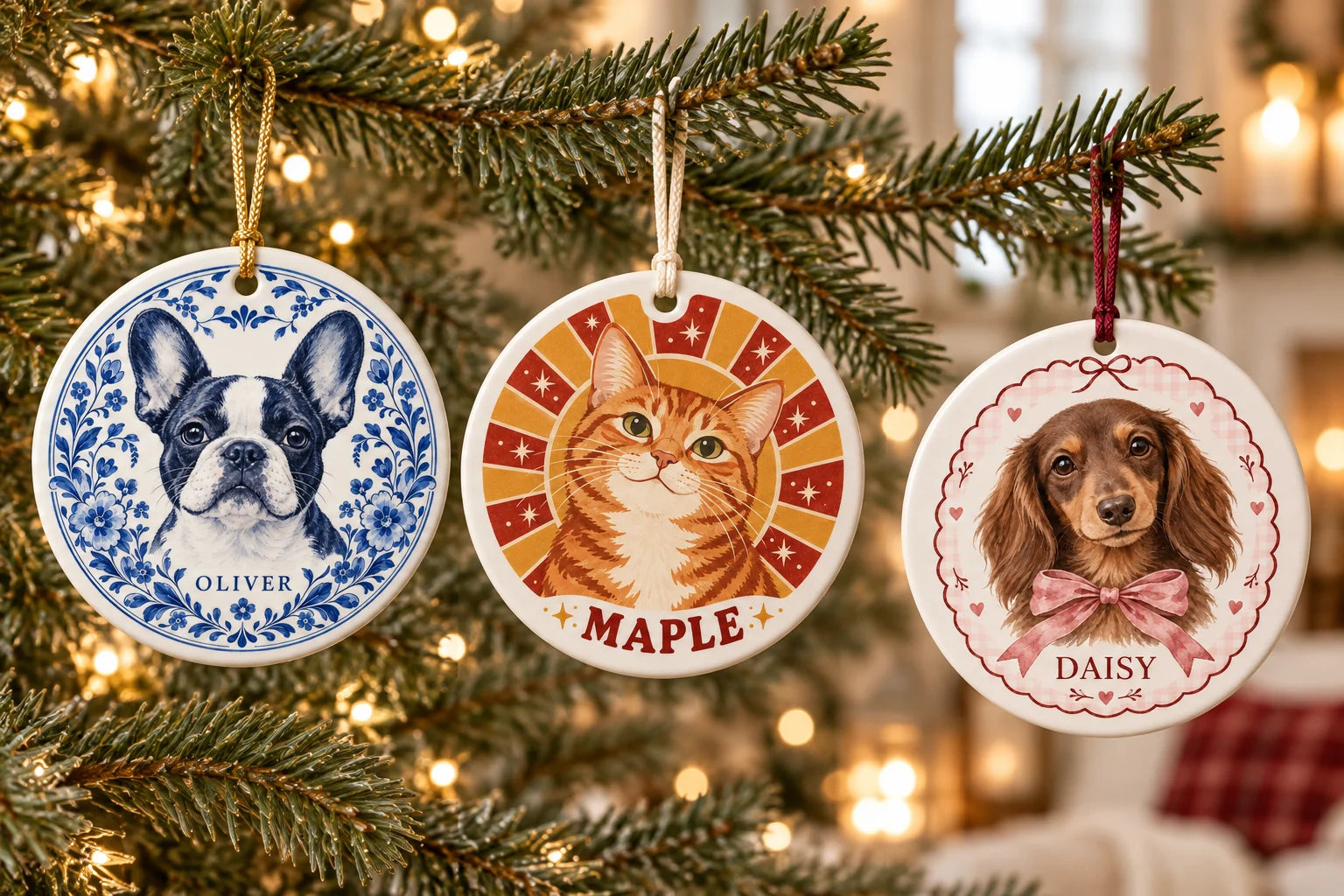 AI lifestyle mockup: Blue & Bloom, Little Sunshine and Bow & Blush ornaments hanging on a Christmas tree
